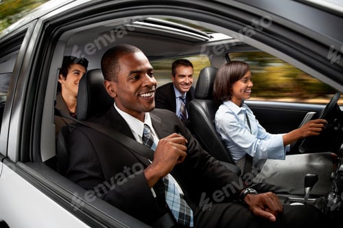 Preview: Businessmen and women haring car to work