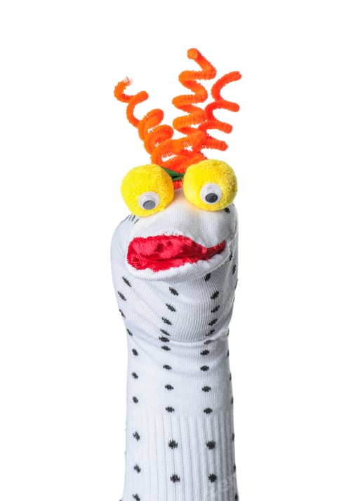 Preview: Funny sock puppet with hair isolated on white