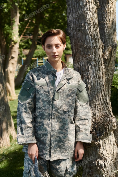 Preview: Young soldier in camouflage uniform returns home to nature embrace