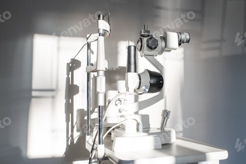 Preview: Ophthalmological diagnostic equipment on desk by white wall in medical office