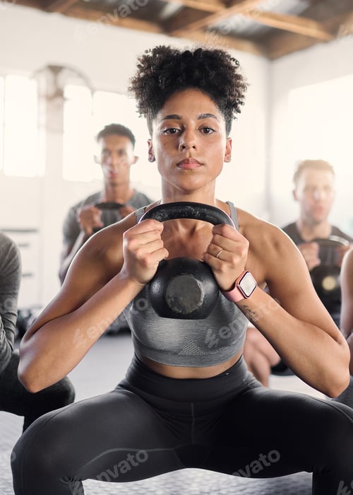 Preview: Kettlebell, fitness and black woman gym personal trainer with sport class doing gym training. Portr