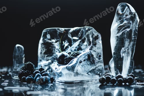 Preview: close-up view of ripe juicy berries and melting ice crystals on black