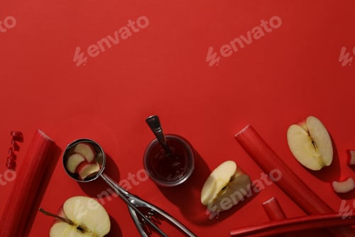 Preview: Fresh stalks of rhubarb with fresh apples