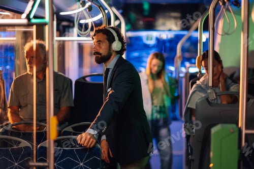 Preview: Businessman listening to music on headphones while riding bus