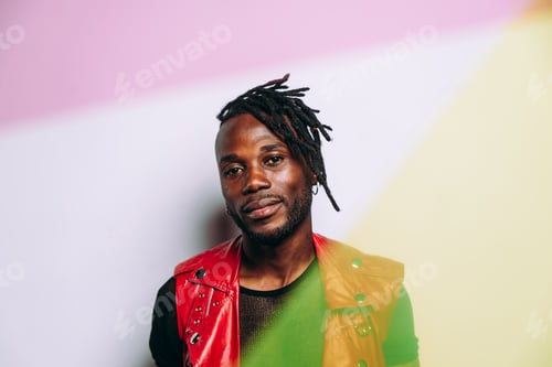 Preview: handsome man wearing red leather jacket portrait. Futuristic cyberpunk fashion style