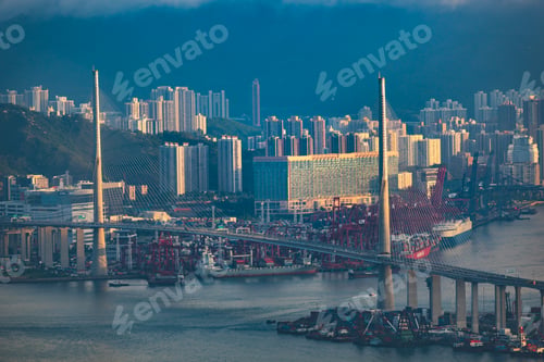 Preview: Hong Kong harbor with landscape view of city skyscraper skyline building, China business landmark
