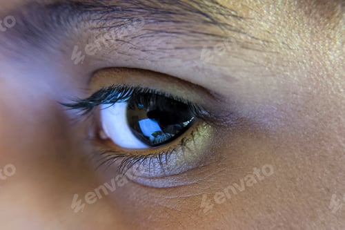 Preview: Closeup of a person's brown eye with long eyelashes