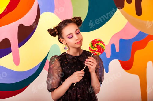 Preview: Portrait of adorable cover child girl 9-10 year old with round lollipop at colorful wall