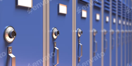 Preview: School, gym lockers, blue color closeup view. 3d illustration