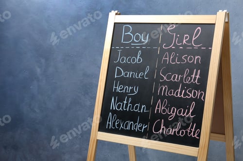 Preview: Chalkboard stand with baby names on blue background