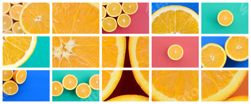 Preview: A collage of many pictures with juicy oranges