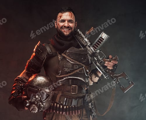 Preview: Joyful and happy survivor armed with shotgun in dark background