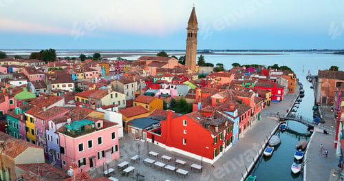 Preview: Aerial view of Burano Island at sunset golden hour near Venice, Italy