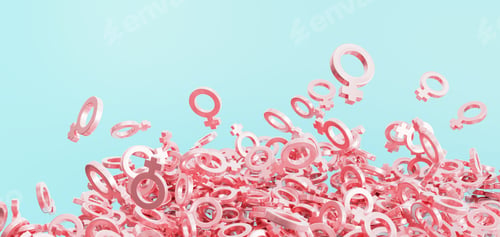 Preview: Lots of female gender signs floating and falling on big pile. Pink symbols of women on blue.