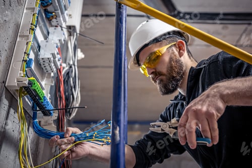 Preview: A male electrician works in a switchboard with an electrical connecting cable.