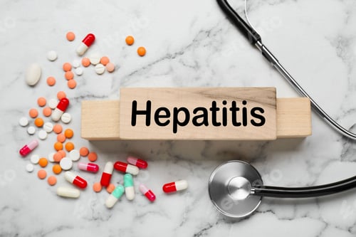 Preview: Word Hepatitis made of wooden cubes, stethoscope and pills on white marble table, flat lay