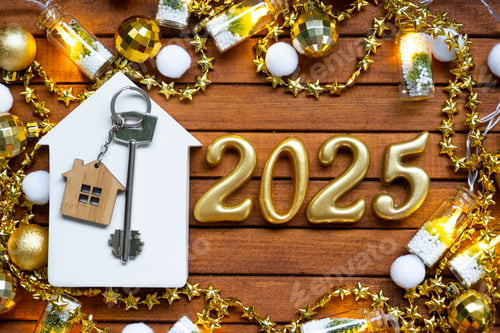 Preview: House key with tiny figure of home mock up on festive brown wooden background, lights of garlands. N