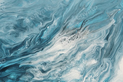 Preview: Fluid Art. Liquid white and blue abstract paint drips and wave. Marble effect background or texture