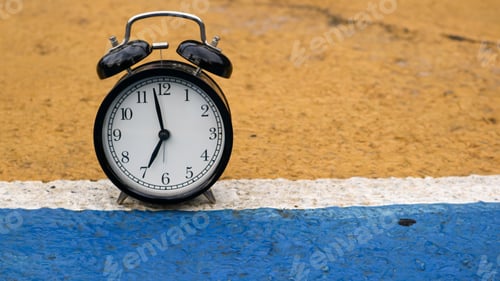 Preview: Retro black alarm clock on colorful background with copy space.