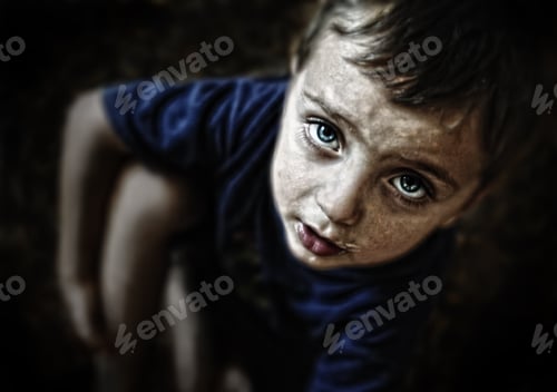 Preview: Sad looking child portrait on black background