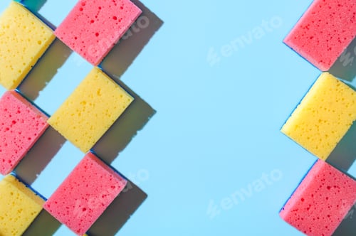 Preview: House cleaning sponges on blue background