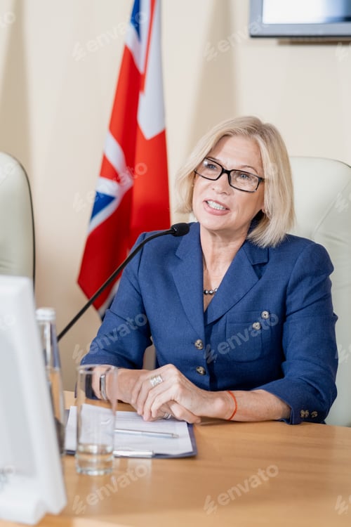 Preview: Confident mature blond female delegate speaking at conference