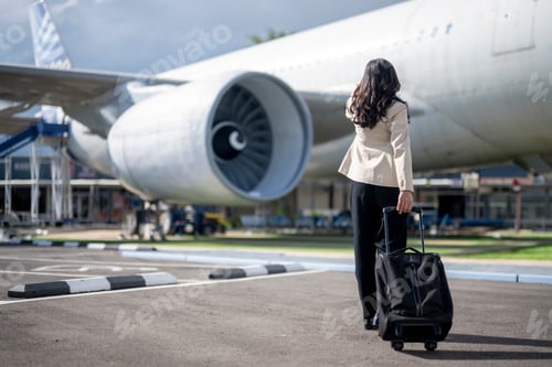 Preview: A woman is walking with a suitcase in front of an airplane