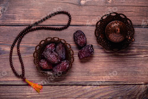 Preview: Dried dates fruit, tea and rosary. Popular fruit of Ramadan.