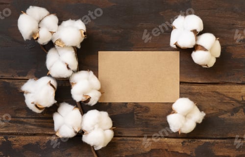 Preview: Blank card with cotton flowers top view on dark brown wood, wedding mockup