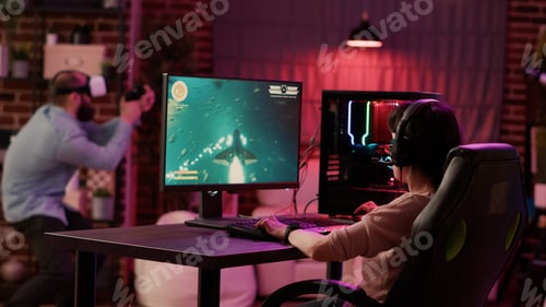 Preview: Gamer girl shocked after losing fast paced space shooter while boyfriend is enjoying virtual reality