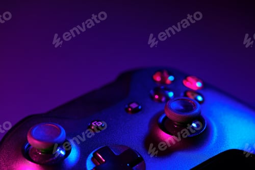 Preview: Gaming joystick on black background in neon light