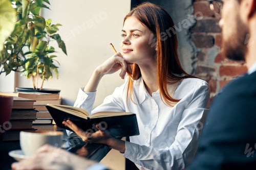 Preview: business man and woman chatting in a cafe work lifestyle