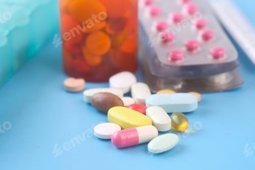 Preview: close up of colorful pills spilling on blue background