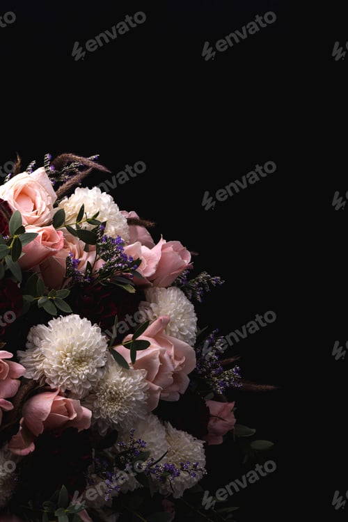 Preview: Vertical shot of a luxurious bouquet of pink roses and white, red dahlias on a black background
