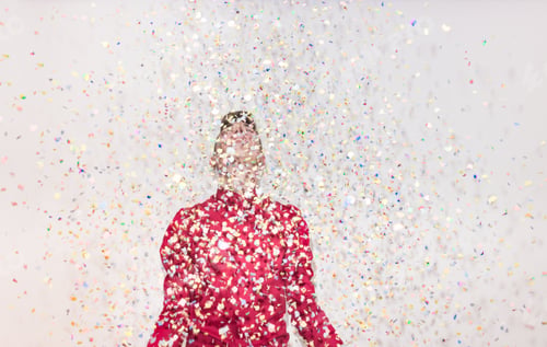Preview: One Teenager Boy, Smiling, Looking Up, Looking Above, White Background, Studio Portrait, Red Shirt
