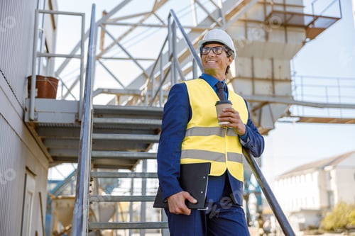 Preview: Joyful factory worker with coffee cup standing on stairs outdoors