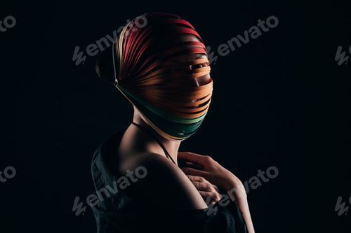 Preview: woman with colored quilling paper on head and naked shoulder isolated on black