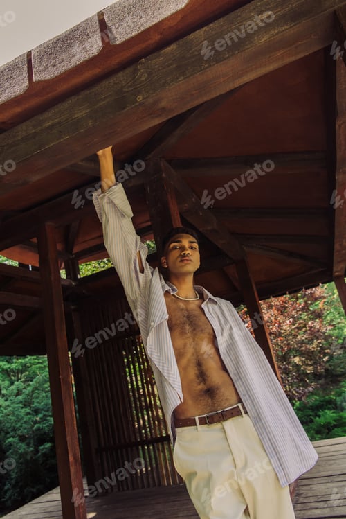 Preview: fashionable african american man posing with raised hand in wooden gazebo
