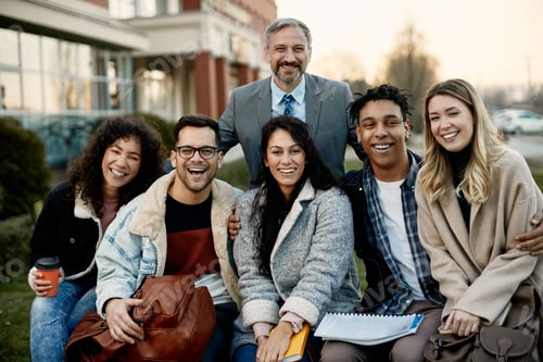 Visualização: Retrato de um professor maduro feliz com um grupo de seus alunos no campus.