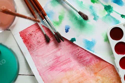 Preview: Watercolor Artwork With Paintbrushes and Palettes