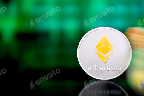 Preview: Silver Ethereum coin with a golden symbol on green digital background.