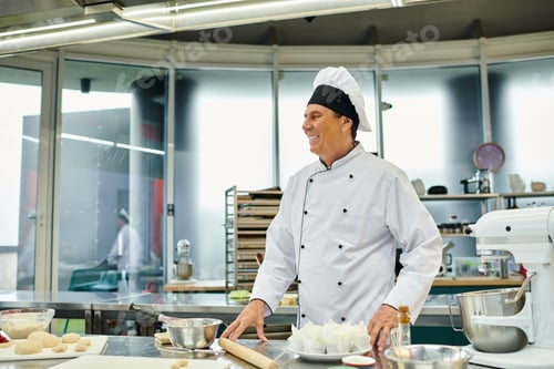 Preview: joyful handsome mature chief cook in white hat smiling happily and looking away, confectionery