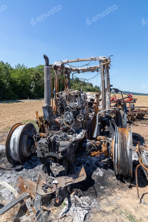 Preview: Tractor with trailer on field burned down
