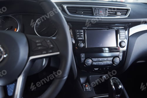 Preview: Luxury interior. Front part of the new expensive modern car that captured inside