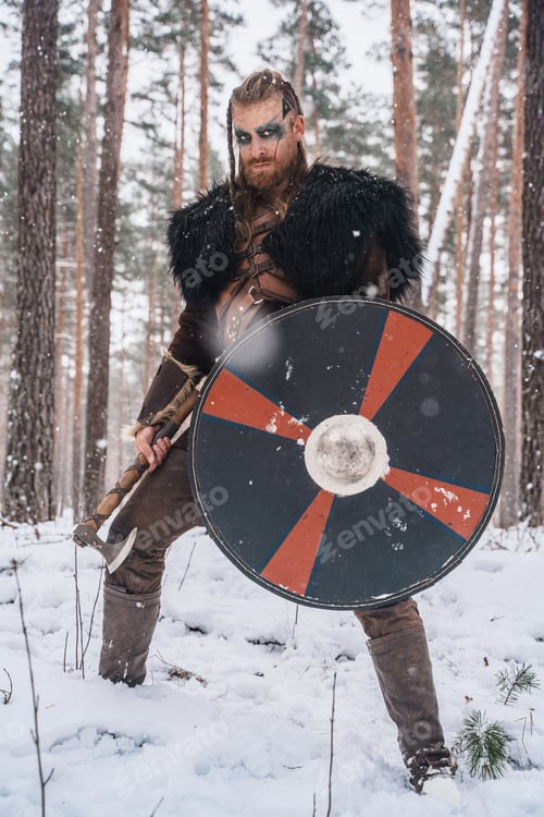 Preview: Viking Warrior with Axe and Shield in Snowy Woods