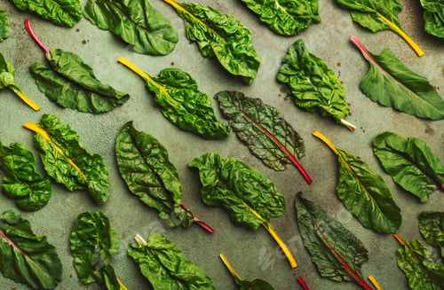 Preview: Rainbow swiss chard leaves on rusty background, raw green leaf vegetables