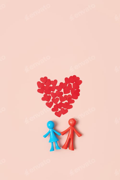 Preview: Paper hearts and toy figures of man and woman over pink pastel background