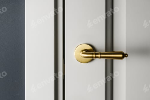 Preview: Brushed gold modern design in vintage style door handle on a white door.