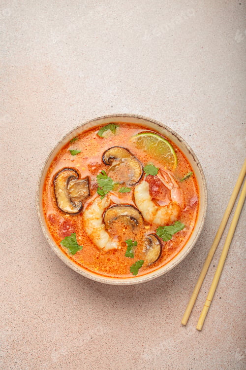 Preview: Tom yum soup with shrimp and mushrooms in bowl with chopsticks top view, traditional Thai soup