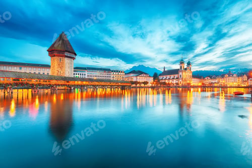 Preview: historic city center of Lucerne with famous buildings and old wooden Chapel Bridge (Kapellbrucke)